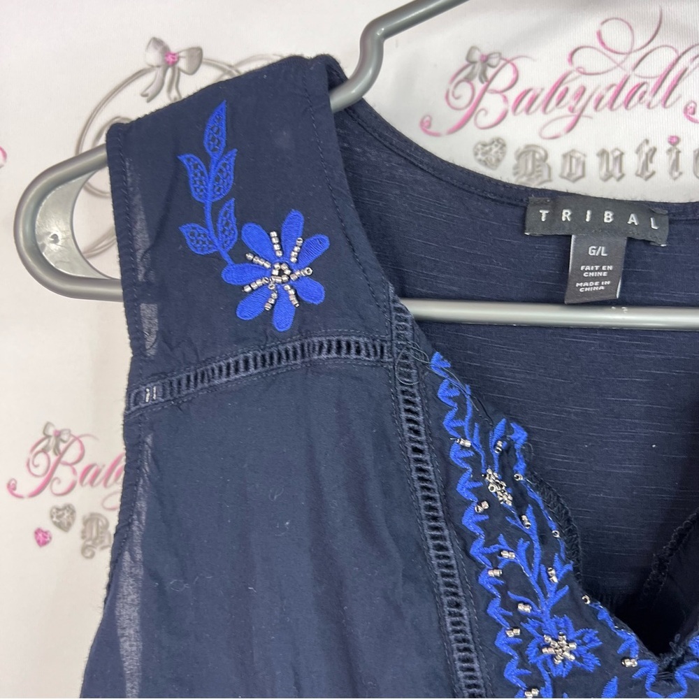 Tribal tank top embroidered Navy Blue Sleeveless Top floral flowers shirt - Picture 7 of 11